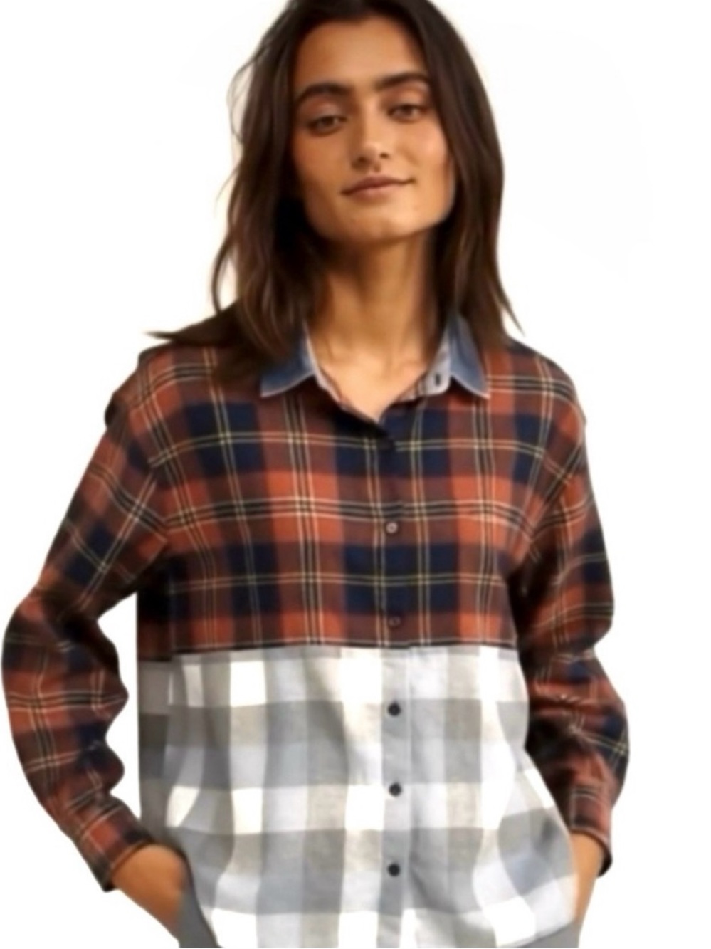 Upcycled “Two Tone” flannel with denim collar.
